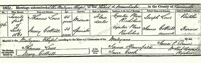 Marriage certificate, Thomas and Mary Lowe