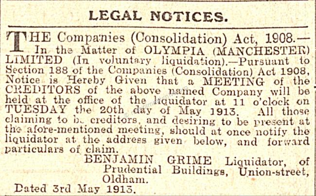 Olympia Creditors Meeting 7th May 1913