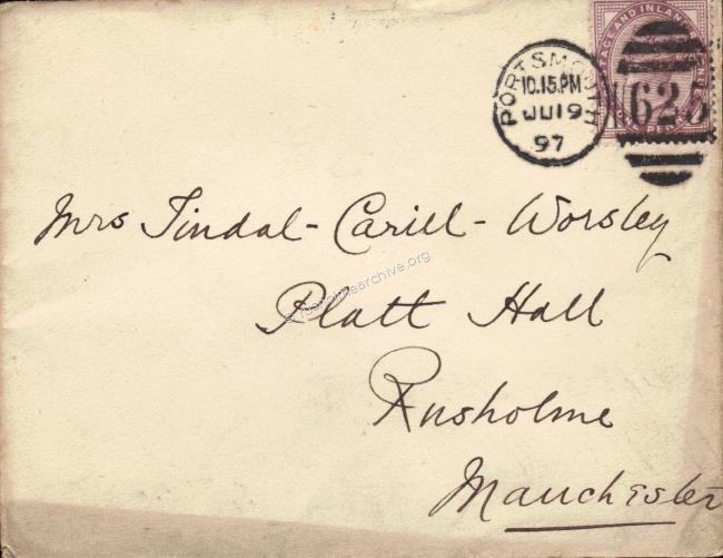 Envelope addressed to Mrs Tindal-Carrill-Worsley, 1897
